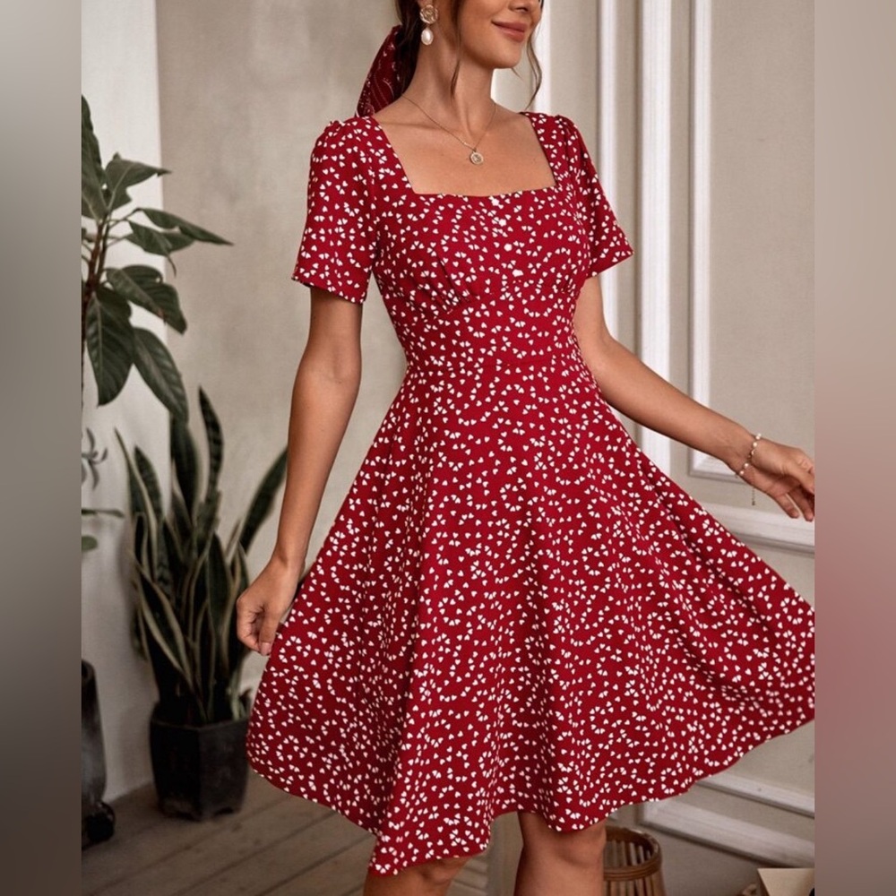 SHEIN | Red and White Confetti Heart Square Neck Short Sleeve Dress US 6 EU 38